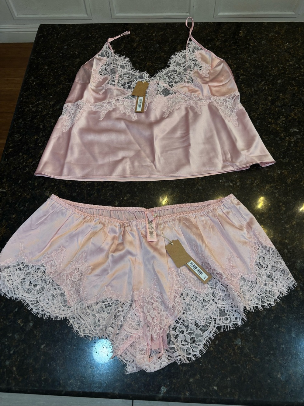 SKIMS Light Pink Silk Cami & Lace Trim Shorts Set